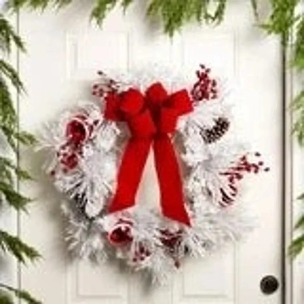 NEW Pinecone and Red Ornaments Christmas Wreath with Red Bow, 28 Inch Wide